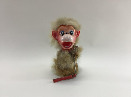 Rabbit Fur Toy Monkey with Collar and Leash Vintage Kitschy Carnival Fair Prize