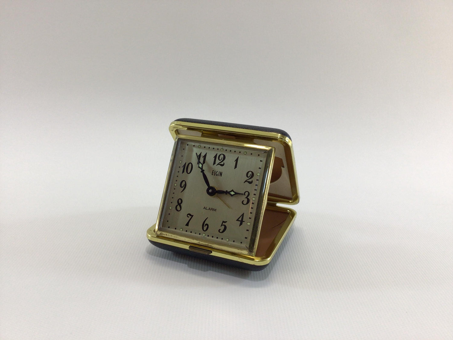 Elgin Vintage Travel Alarm Clock Korea Movement Black Faux Leather Case Glow in Dark Hands