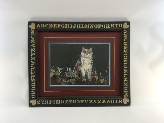 Folk Art Cat in the Garden Hand Painted on Board Framed 20 x 24 Vintage 1985 Signed M Coble Rustic Home Wall Decor