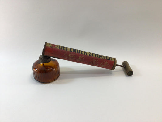 Defender Insect Bug Sprayer Vintage 1960's Tin Lithograph with Amber Glass Bottle
