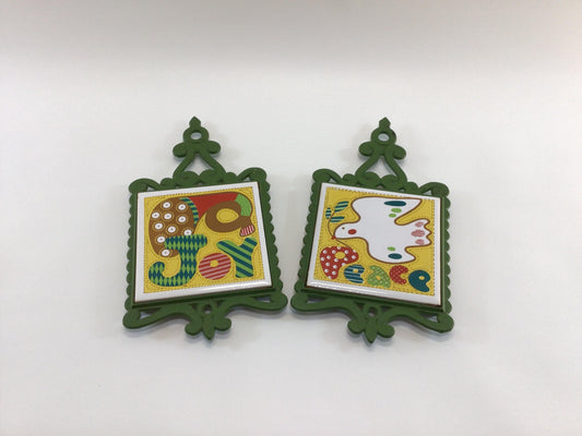 Joy and Peace Cast Iron Ceramic Tile Holiday Trivet Set Retro Pop Art 70s Christmas Kitchen Decor