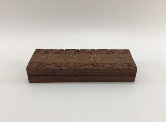 Brass Inlay Carved Wood Trinket Jewelry Box Vintage Home Vanity Decor