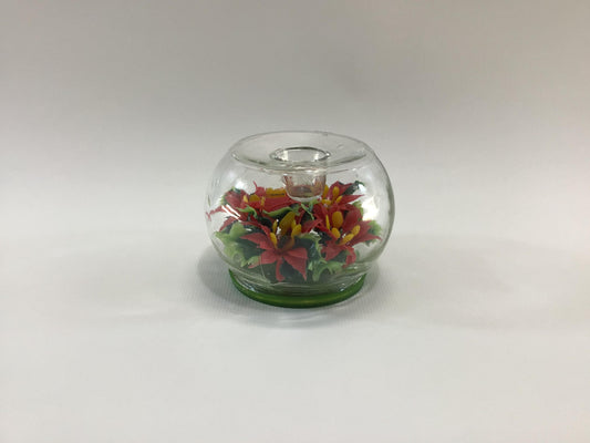 Clear Glass Sphere Taper Candle Holder with Plastic Poinsettias Vintage Retro Kitschy Made in Hong Kong Christmas Holiday Decor