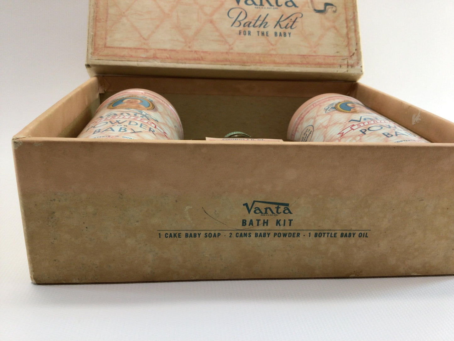 Antique Boxed Gift Set Vanta Bath Kit for the Baby Talc Powder Tins Bath Oil and Advertisement Ephemera