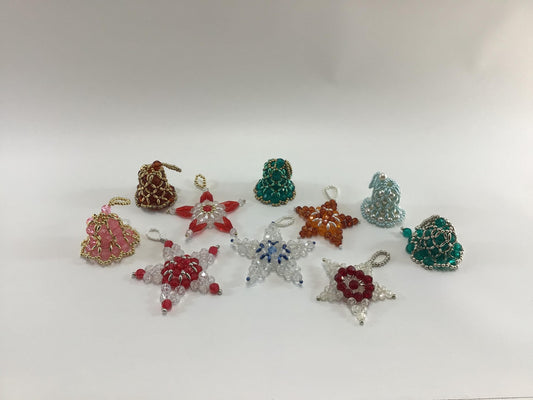 Handmade Bead Bell and Stars Christmas Tree Ornaments lot of 10 Vintage Holiday Decor