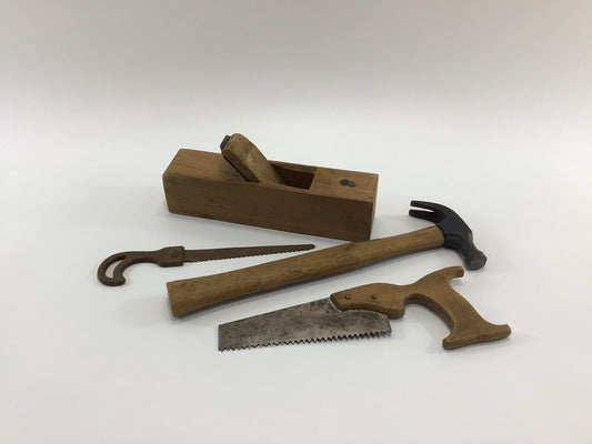 Toy Carpenter's Hand Tools Antique Primitive Rustic Wood and Metal Construction Plane Hammer Saw