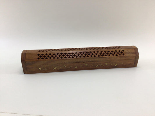 Incense Box Burner Vintage Hardwood and Brass Inlay Leaves for 9" Stick Incense