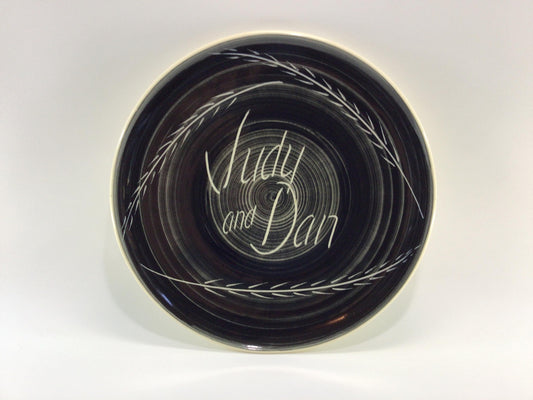 Personalized Judy and Dan 13" Best Wishes Gift Serving Platter Black White Mid Century Art Pottery