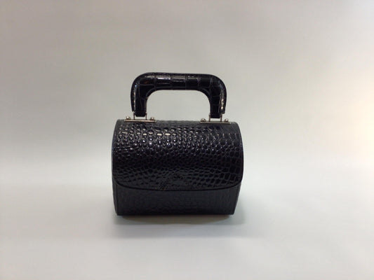 Black Faux Alligator Coffin Box Handbag Purse Vintage Mid Century Fashion Accessory