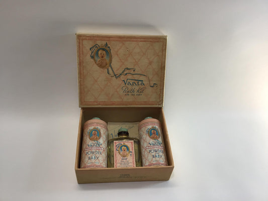 Antique Boxed Gift Set Vanta Bath Kit for the Baby Talc Powder Tins Bath Oil and Advertisement Ephemera