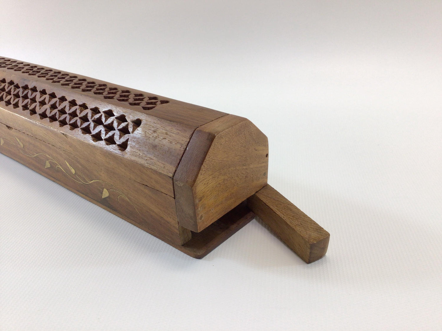 Incense Box Burner Vintage Hardwood and Brass Inlay Leaves for 9" Stick Incense
