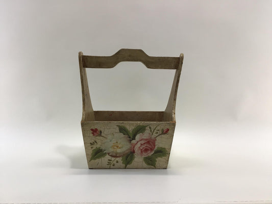 Wooden Basket Rose Floral Motif Decorative Vintage Rustic Primitive Home Accent Decor