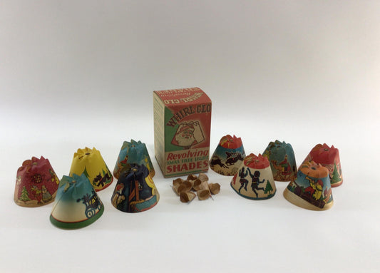 Whirl Glo Revolving C6 Bulb Light Shades Box of 10 Vintage Christmas Holiday Paper Tree Decorating Ephemera