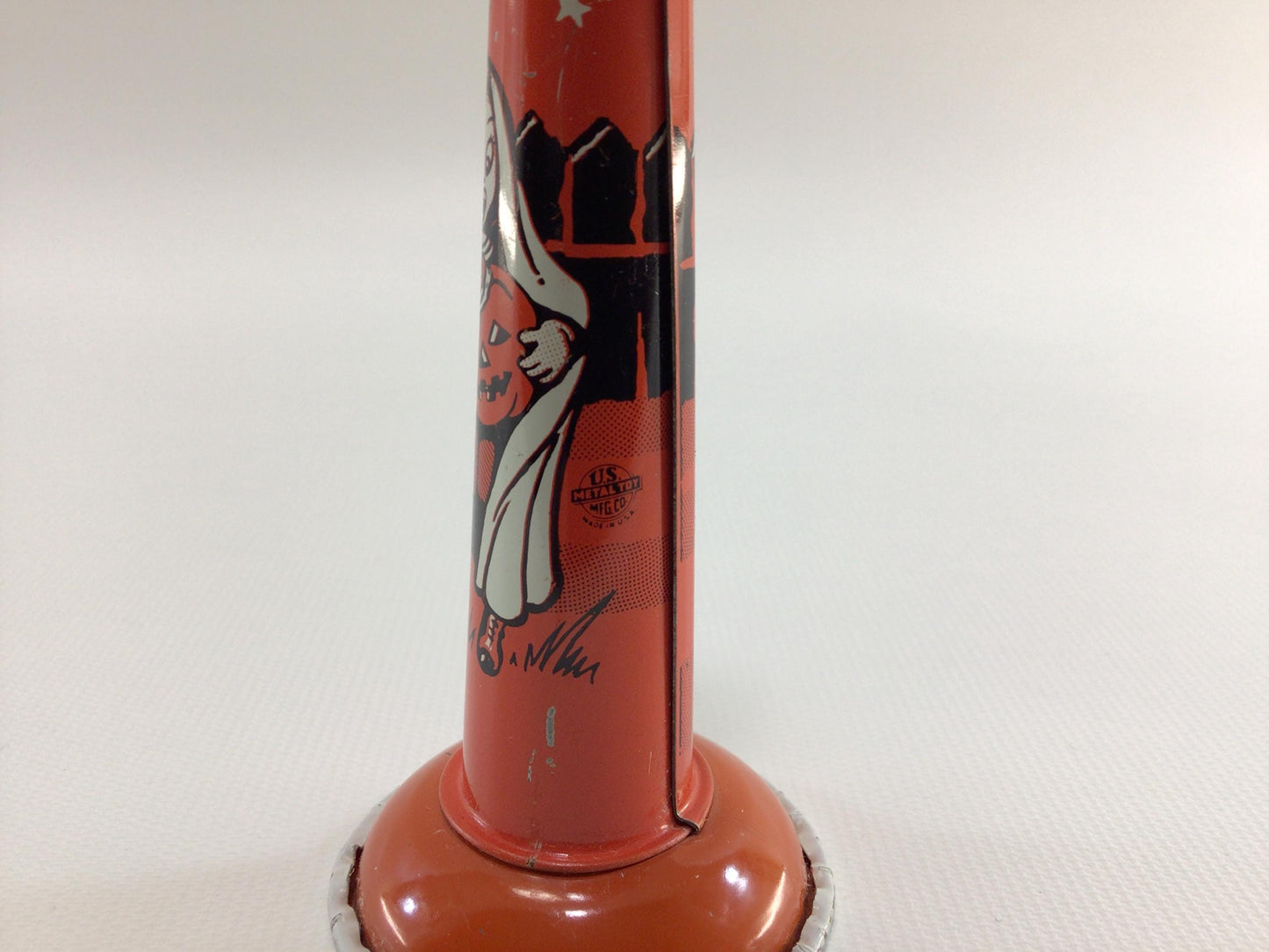 Halloween Party Horn 7" Tin Lithograph US Metal Toy Noise Maker Vintage Holiday Ephemera