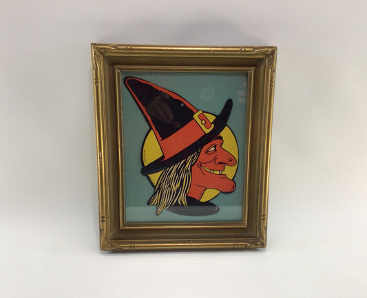 Framed Vintage Halloween H E Luhrs Witch and Moon Paper Die-Cut Holiday Ephemera Wall Decor