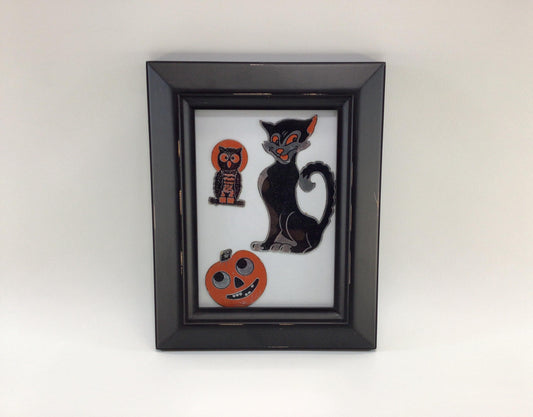 Framed Vintage Halloween Foil Paper Die-Cuts Holiday Ephemera Wall Decor