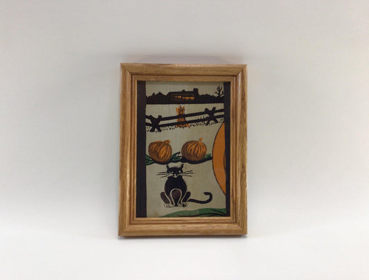 Framed Vintage Halloween Crepe Paper Black Cat in Pumpkin Patch Holiday Ephemera Wall Decor