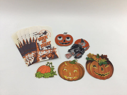 Halloween Cardboard Cutouts Party Decorations and Trick or Treat Bags Vintage Holiday Ephemera
