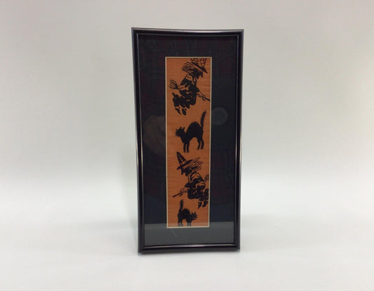 Framed Vintage Halloween Crepe Paper Steamer Flying Witch and Black Cat Holiday Ephemera Wall Decor