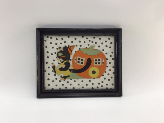 Framed Vintage Halloween Anthropomorphic Black Cat Paper Die-Cut Holiday Ephemera Wall Decor
