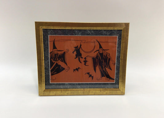 Framed Vintage Halloween Crepe Paper Witches Cats and Bats Holiday Ephemera Wall Decor