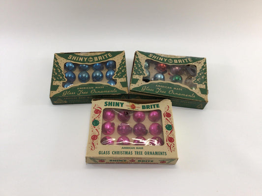 Shiny Brite One Inch Mini Ornaments Lot of 3 Assorted Boxes Vintage Mercury Glass Holiday Tabletop Feather Tree Decor
