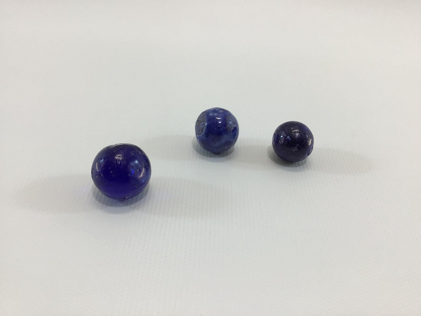 Antique Blue Marbles Lot of 3 Primitive Handmade Toy Game Pieces Clay Bennington and Cobalt Glass