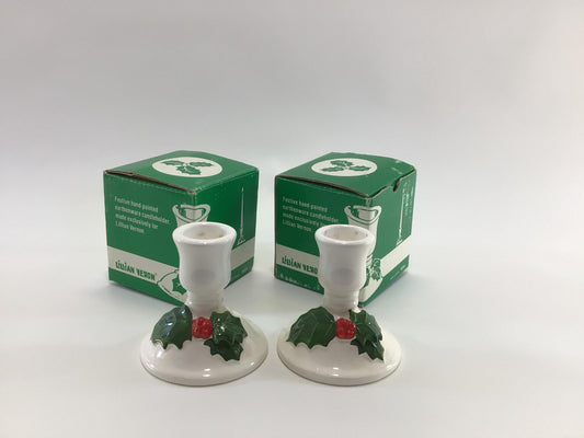 Christmas Holly Ceramic Candle Holders Vintage Lilian Vernon Holiday Decor