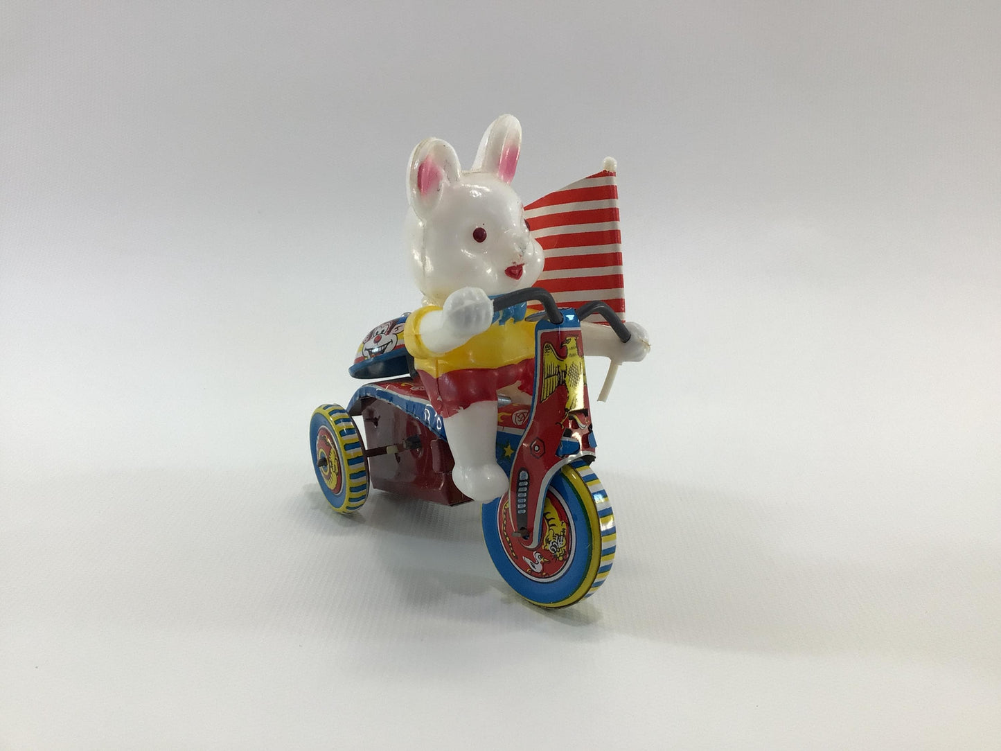 Toy Easter Bunny Wind Up Tin Lithograph Tricycle with Bell Vintage Made in Japan Holiday Kitsch