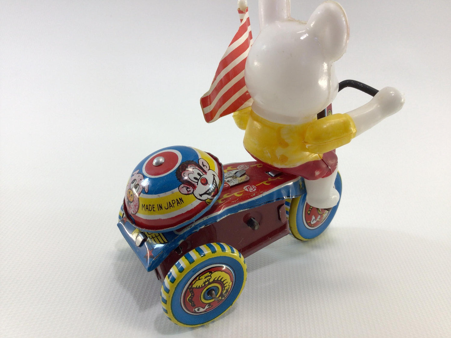 Toy Easter Bunny Wind Up Tin Lithograph Tricycle with Bell Vintage Made in Japan Holiday Kitsch