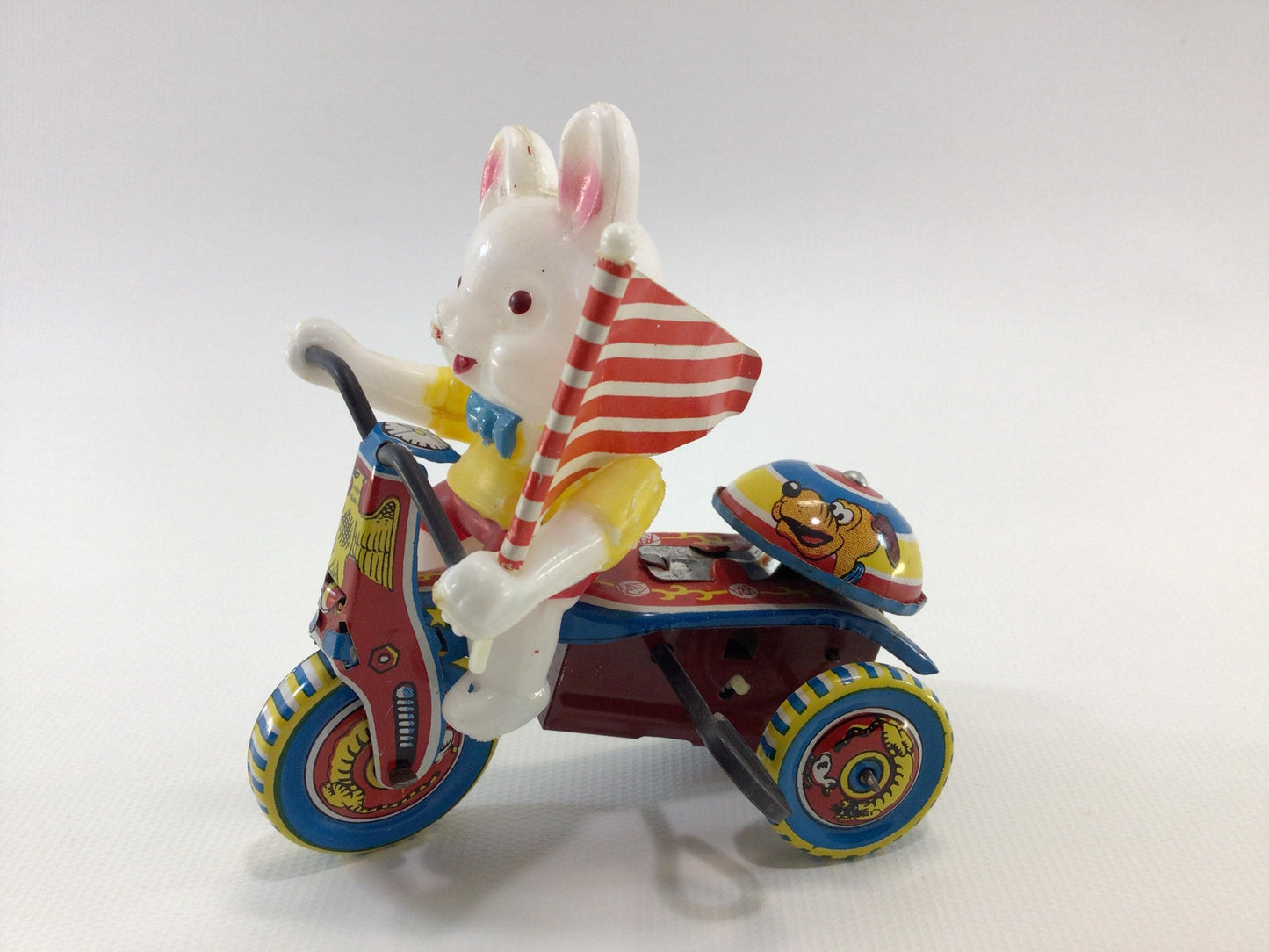 Toy Easter Bunny Wind Up Tin Lithograph Tricycle with Bell Vintage Made in Japan Holiday Kitsch