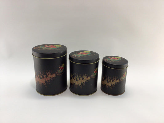 Christmas Eve Nesting 3 Piece Tin Canister Set Vintage Made in Taiwan Holiday Storage Containers