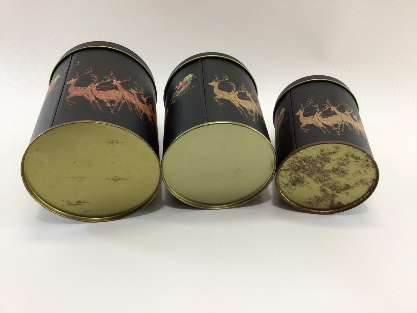 Christmas Eve Nesting 3 Piece Tin Canister Set Vintage Made in Taiwan Holiday Storage Containers