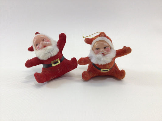 Flocked Red Santa Claus Tree Ornaments Vintage Blow Mold Kitsch Christmas Holiday Decor