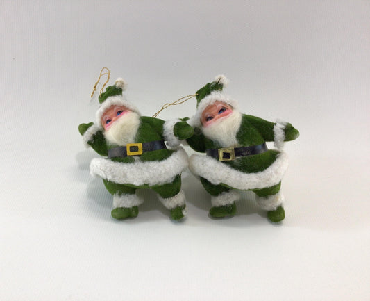 Flocked Green Santa Claus Tree Ornaments Vintage Blow Mold Kitsch Christmas Holiday Decor