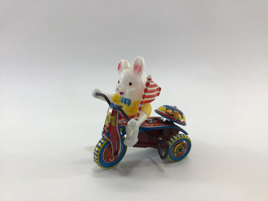 Toy Easter Bunny Wind Up Tin Lithograph Tricycle with Bell Vintage Made in Japan Holiday Kitsch