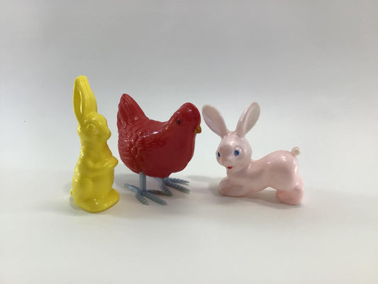 Easter Bunny and Chicken Hard Plastic Toys Vintage Holiday Collectible Decor