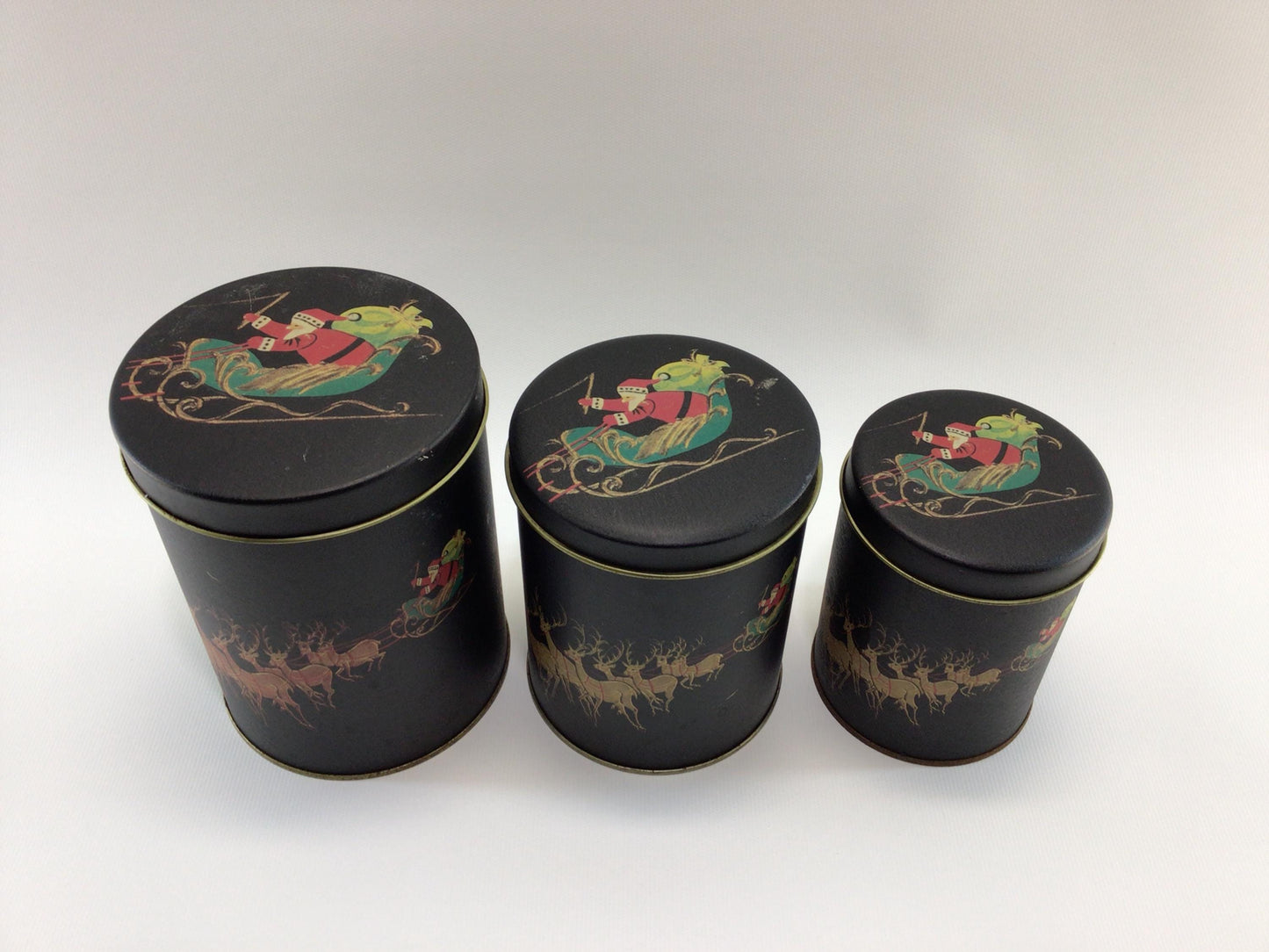 Christmas Eve Nesting 3 Piece Tin Canister Set Vintage Made in Taiwan Holiday Storage Containers