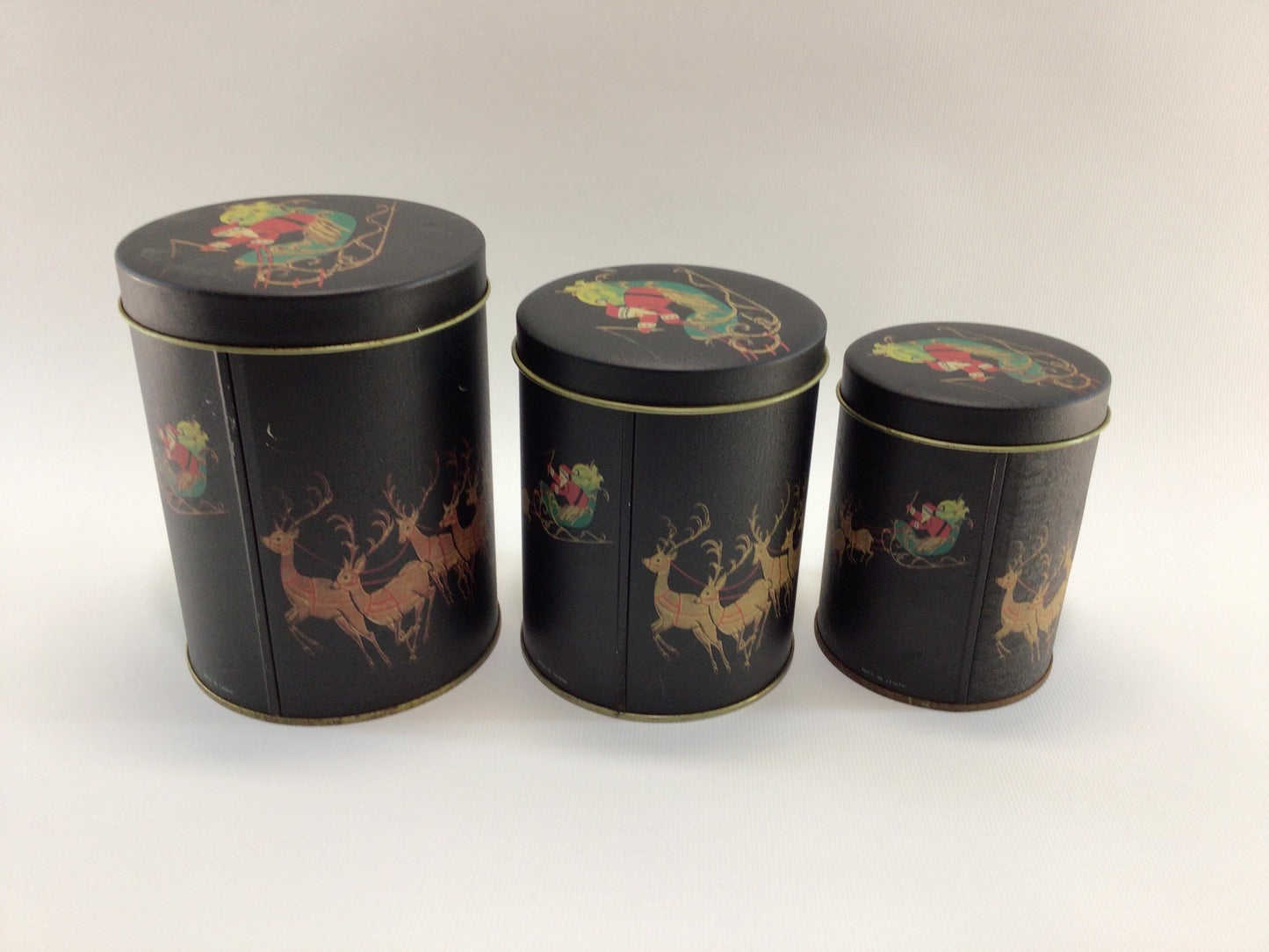 Christmas Eve Nesting 3 Piece Tin Canister Set Vintage Made in Taiwan Holiday Storage Containers