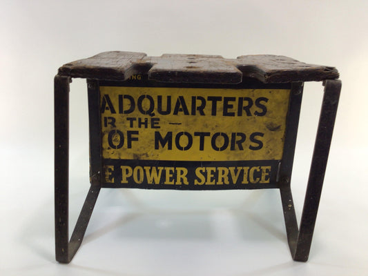 Rustic Handmade Garage Stool Tool Holder with Partial Metal Advertising Sign Perfect Circle Piston Rings Richmond Indiana