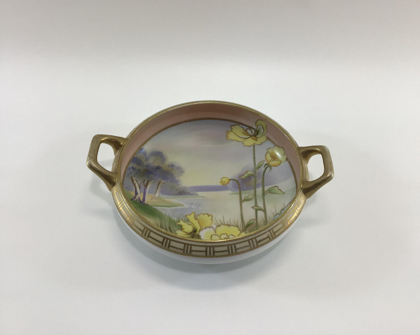 Antique Quality Nippon Porcelain Ceramic 7" Bowl with Hand Painted Yellow Poppy Floral Motif and Accents