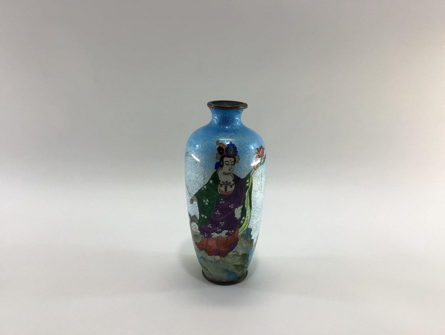 Antique Hand Painted 7" Cloisonne  Brass Bud Vase