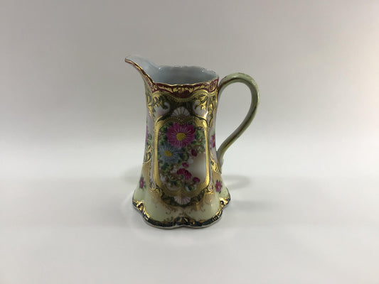 Bavarian Ceramic Pottery 8" Jug Milk Pitcher Hand Painted with Gold Gilt Accents Antique Dining Decor