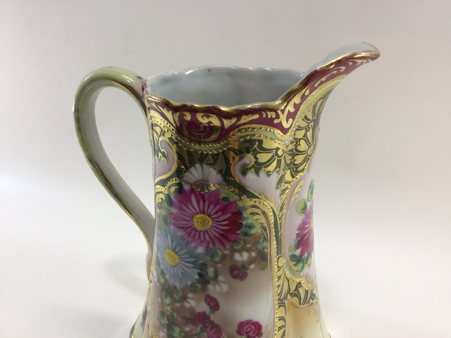 Bavarian Ceramic Pottery 8" Jug Milk Pitcher Hand Painted with Gold Gilt Accents Antique Dining Decor