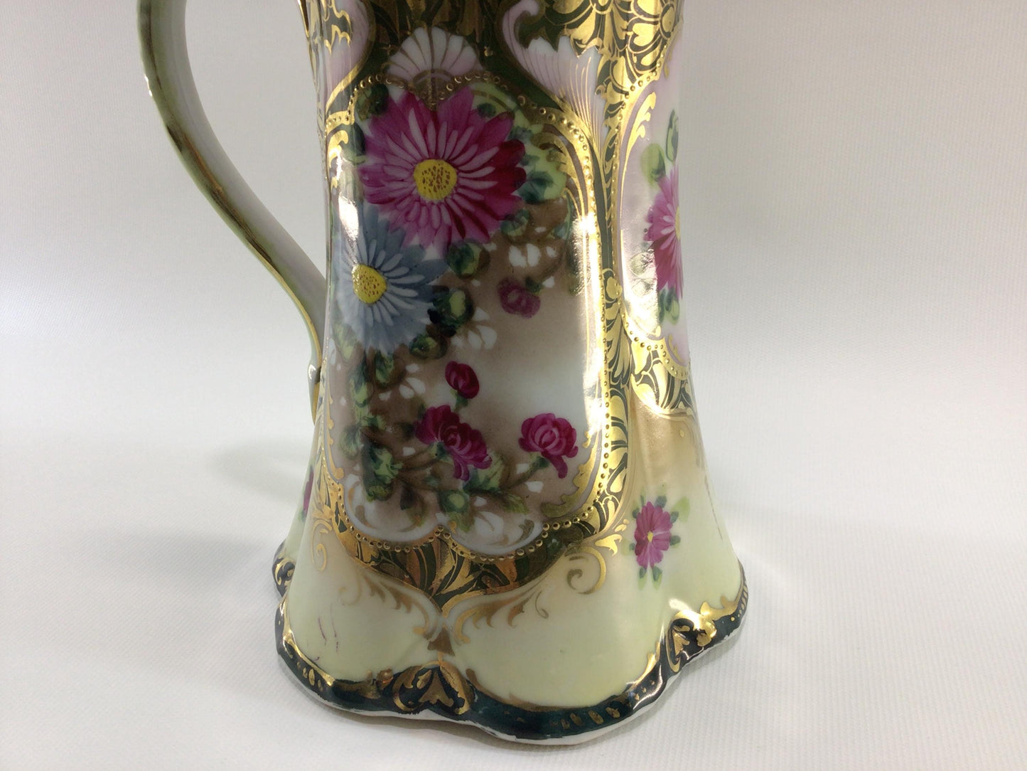 Bavarian Ceramic Pottery 8" Jug Milk Pitcher Hand Painted with Gold Gilt Accents Antique Dining Decor