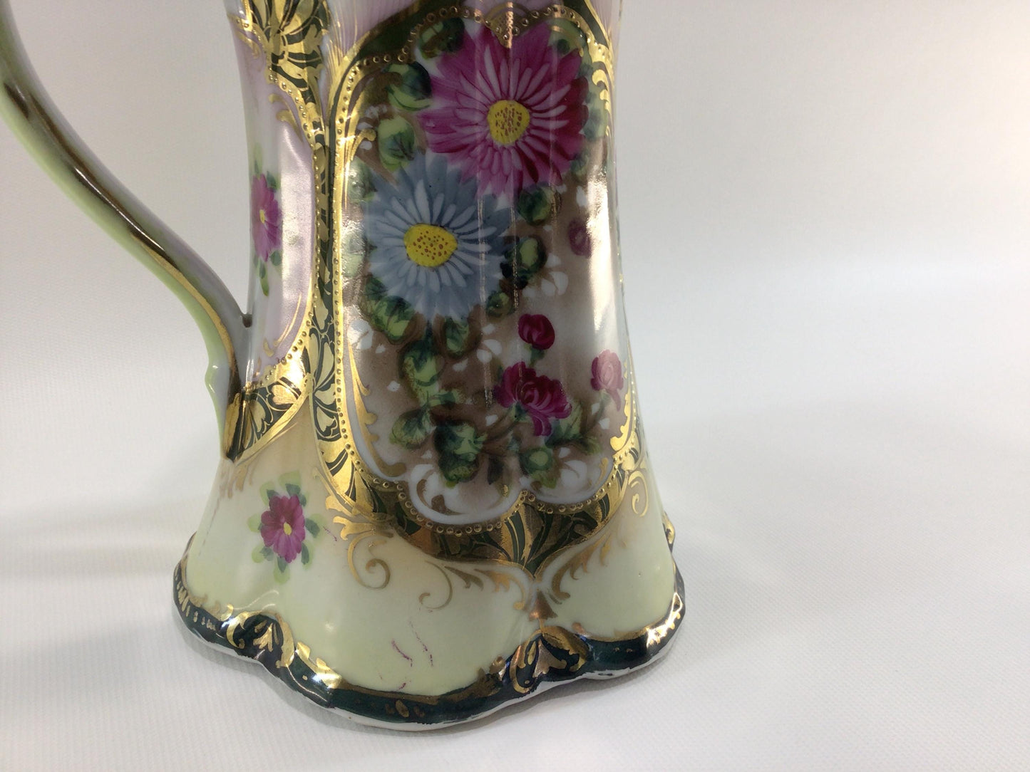 Bavarian Ceramic Pottery 8" Jug Milk Pitcher Hand Painted with Gold Gilt Accents Antique Dining Decor