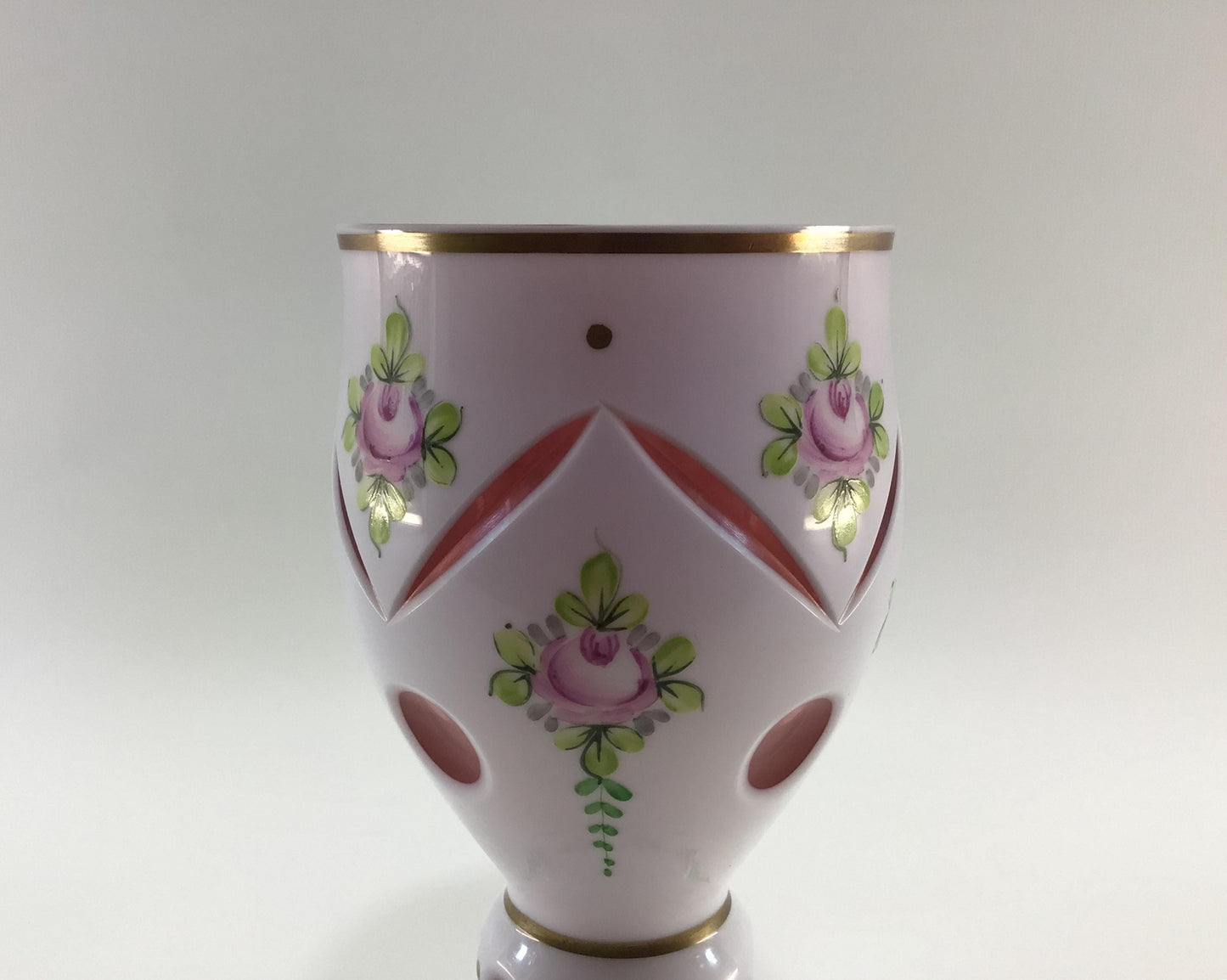 Bohemia Glass 7" Goblet Vase Hand Painted Cut Glass Antique Glassware Made in Czechoslovakia