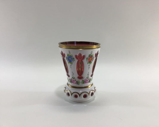 Bohemia Glass 5" Wide Mouth Vase Hand Painted Cut Glass Antique Glassware Made in Czechoslovakia