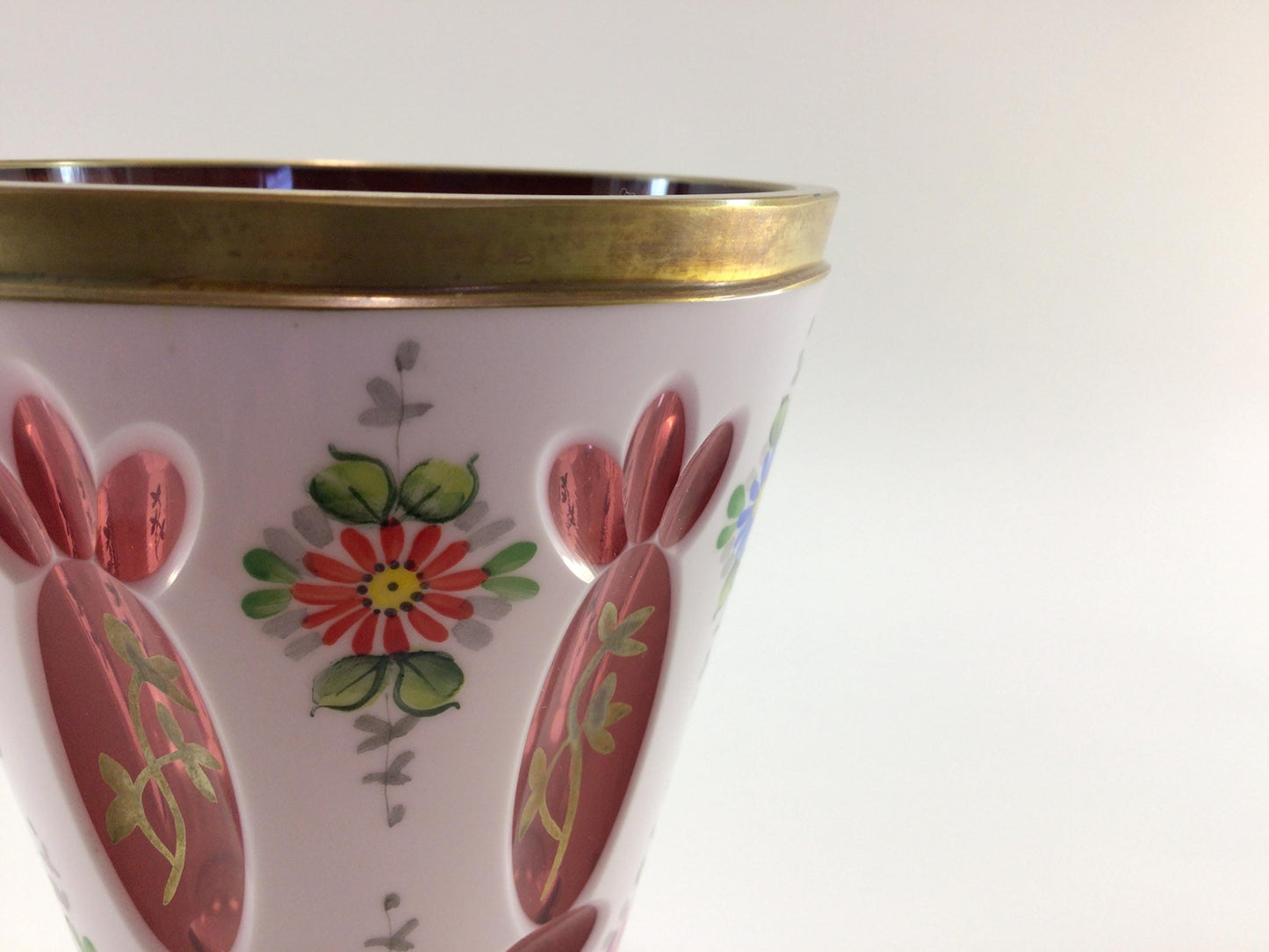 Bohemia Glass 5" Wide Mouth Vase Hand Painted Cut Glass Antique Glassware Made in Czechoslovakia