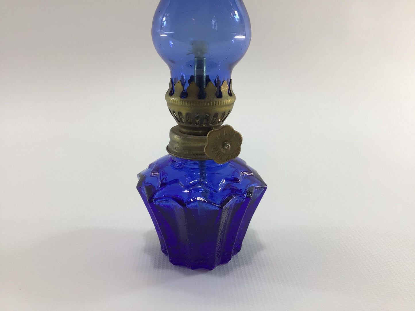 Vintage Miniature 4" Oil Lamp Faceted Cobalt Blue Glass Base Made in Hong Kong